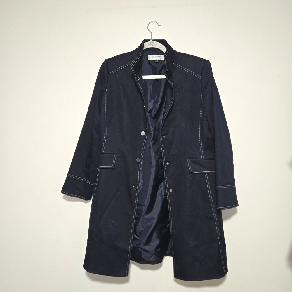 Tahari Arthur S Levine Trench Coat Womens 8P Navy Contrast Stitch Snap Jacket